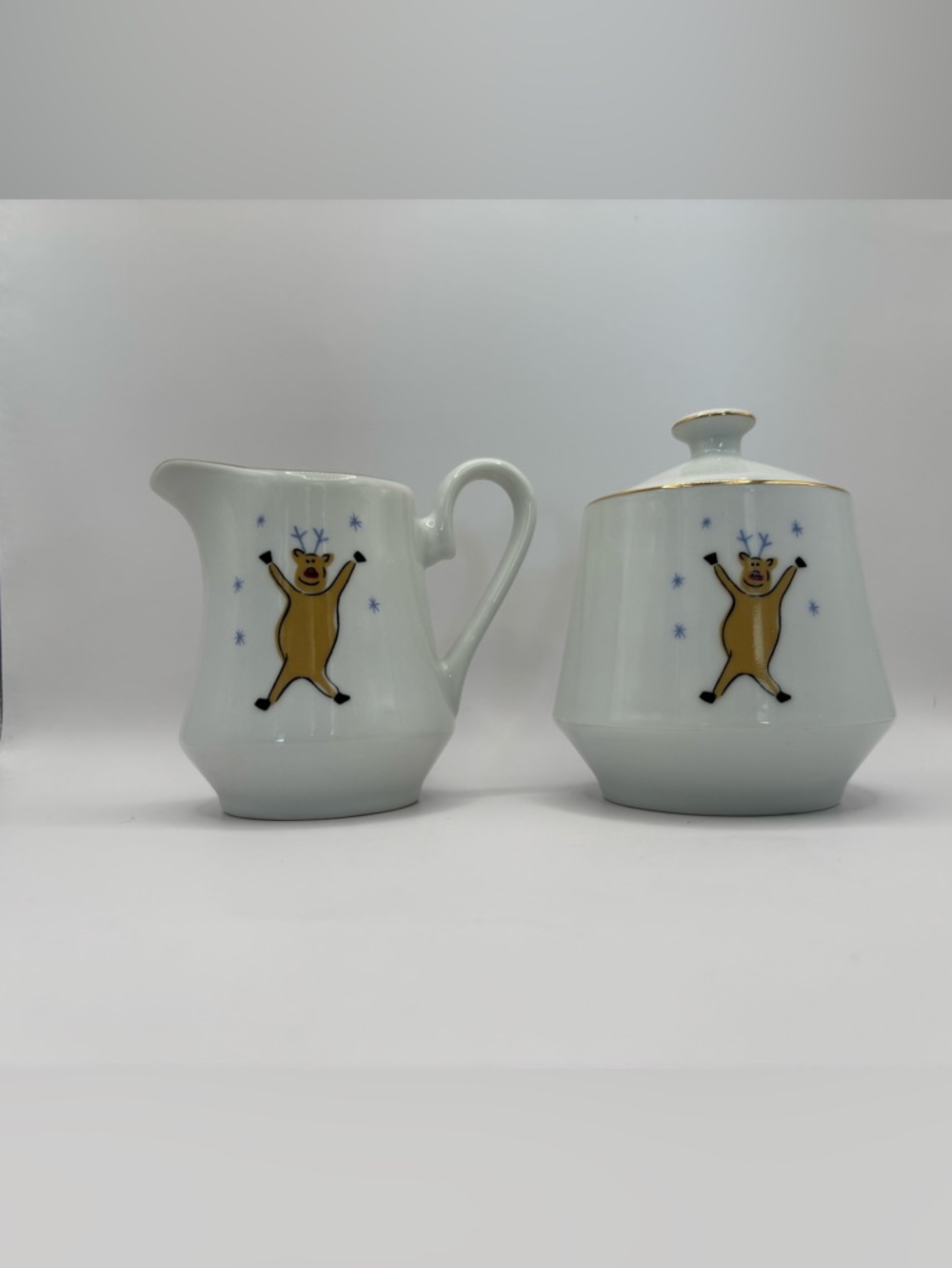Merry Bright White Porcelain Holiday Creamer and Sugar Set with Reindeer